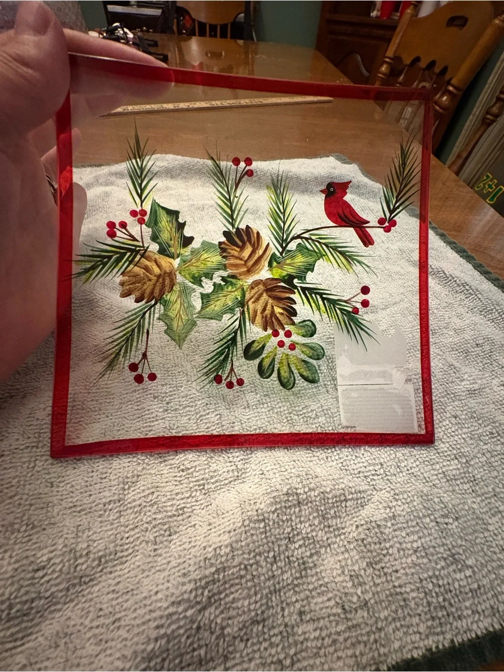 Yankee Candle Red-Trim Glass Hurricane and Tray with Pine & Cardinal Motif